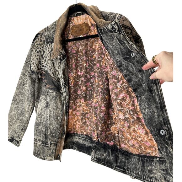 Winlit Vintage Tan Black Suede & Denim Acid Wash Animal Print Biker Jacket S - Picture 7 of 16